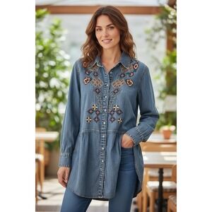 Soft Surroundings Embroidered Top Chambray Floral Tunic Denim Fairy Boho Peasant